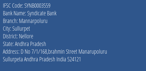 Syndicate Bank Mannarpoluru Branch Nellore IFSC Code SYNB0003559
