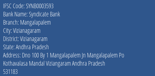 Syndicate Bank Mangalapalem Branch Vizianagaram IFSC Code SYNB0003593