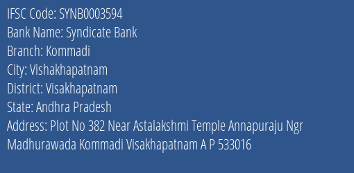 Syndicate Bank Kommadi Branch Visakhapatnam IFSC Code SYNB0003594