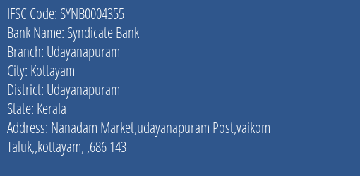 Syndicate Bank Udayanapuram Branch Udayanapuram IFSC Code SYNB0004355
