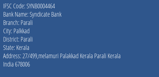 Syndicate Bank Parali Branch Parali IFSC Code SYNB0004464