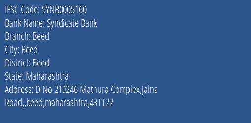 Syndicate Bank Beed Branch, Branch Code 005160 & IFSC Code SYNB0005160