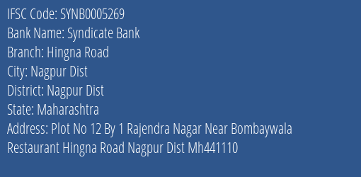 Syndicate Bank Hingna Road Branch Nagpur Dist IFSC Code SYNB0005269