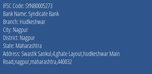Syndicate Bank Hudkeshwar Branch Nagpur IFSC Code SYNB0005273