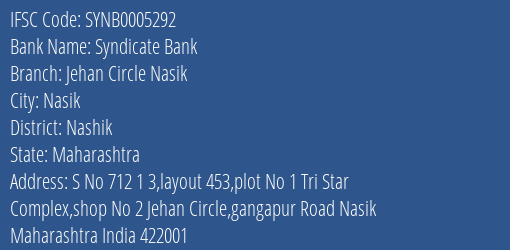Syndicate Bank Jehan Circle Nasik Branch Nashik IFSC Code SYNB0005292