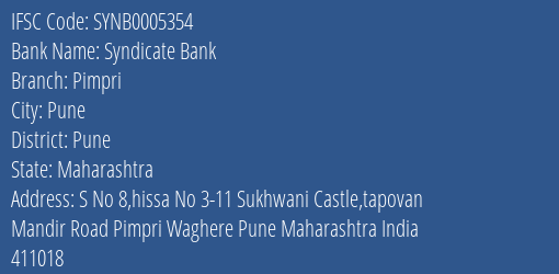 Syndicate Bank Pimpri Branch Pune IFSC Code SYNB0005354