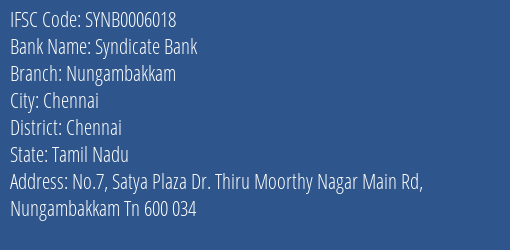 Syndicate Bank Nungambakkam Branch Chennai IFSC Code SYNB0006018