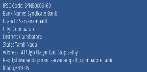 Syndicate Bank Sarvanampatti Branch Coimbatore IFSC Code SYNB0006160