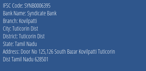 Syndicate Bank Kovilpatti Branch Tuticorin Dist IFSC Code SYNB0006395