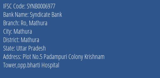 Syndicate Bank Ro Mathura Branch Mathura IFSC Code SYNB0006977