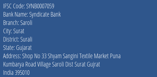 Syndicate Bank Saroli Branch Surali IFSC Code SYNB0007059