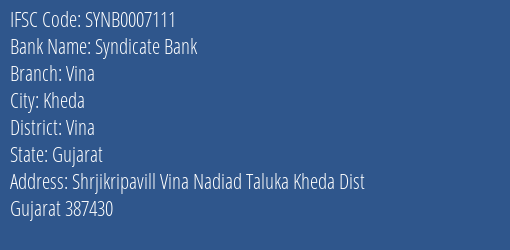 Syndicate Bank Vina Branch Vina IFSC Code SYNB0007111