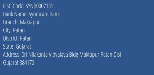 Syndicate Bank Maktapur Branch, Branch Code 007131 & IFSC Code SYNB0007131