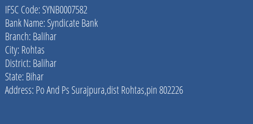 Syndicate Bank Balihar Branch Balihar IFSC Code SYNB0007582