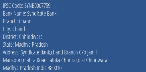 Syndicate Bank Chand Branch Chhindwara IFSC Code SYNB0007759