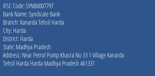 Syndicate Bank Kanarda Tehsil Harda Branch Harda IFSC Code SYNB0007797