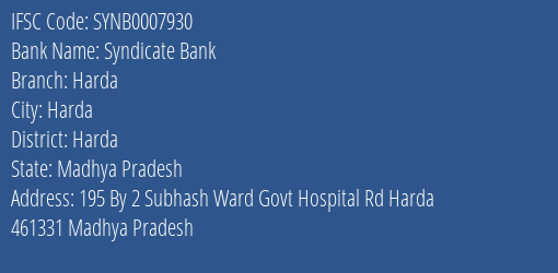 Syndicate Bank Harda Branch Harda IFSC Code SYNB0007930