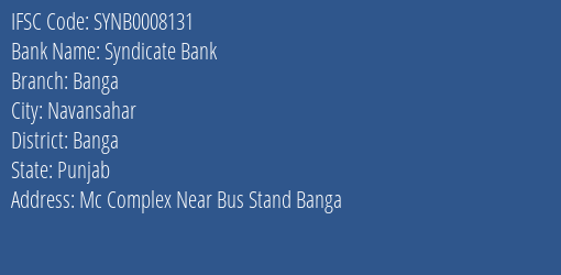 Syndicate Bank Banga Branch Banga IFSC Code SYNB0008131