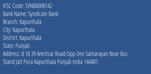 Syndicate Bank Kapurthala Branch Kapurthala IFSC Code SYNB0008142
