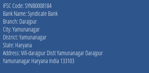 Syndicate Bank Darajpur Branch Yamunanagar IFSC Code SYNB0008184