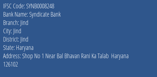 Syndicate Bank Jind Branch Jind IFSC Code SYNB0008248