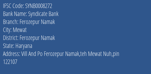Syndicate Bank Ferozepur Namak Branch Ferozepur Namak IFSC Code SYNB0008272