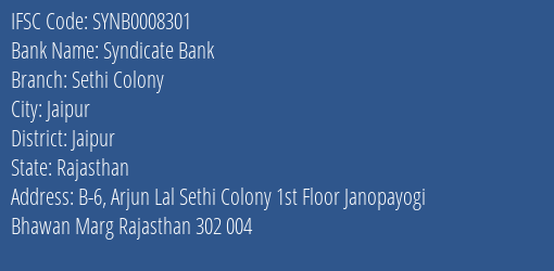 Syndicate Bank Sethi Colony Branch Jaipur IFSC Code SYNB0008301