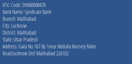 Syndicate Bank Malihabad Branch Malihabad IFSC Code SYNB0008478