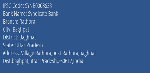 Syndicate Bank Rathora Branch Baghpat IFSC Code SYNB0008633