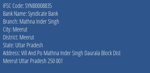 Syndicate Bank Mathna Inder Singh Branch Meerut IFSC Code SYNB0008835