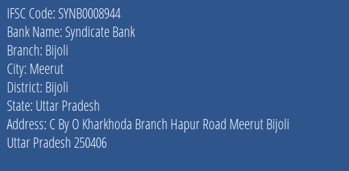 Syndicate Bank Bijoli Branch Bijoli IFSC Code SYNB0008944