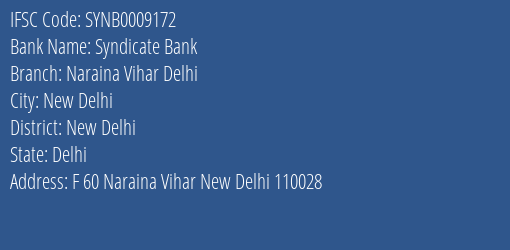 Syndicate Bank Naraina Vihar Delhi Branch New Delhi IFSC Code SYNB0009172