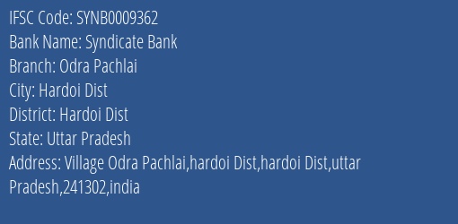 Syndicate Bank Odra Pachlai Branch Hardoi Dist IFSC Code SYNB0009362