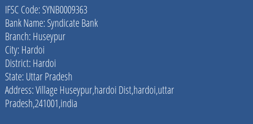 Syndicate Bank Huseypur Branch Hardoi IFSC Code SYNB0009363