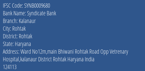Syndicate Bank Kalanaur Branch Rohtak IFSC Code SYNB0009680