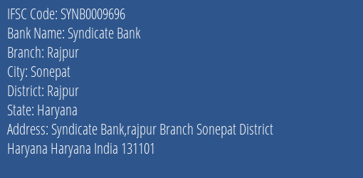 Syndicate Bank Rajpur Branch Rajpur IFSC Code SYNB0009696