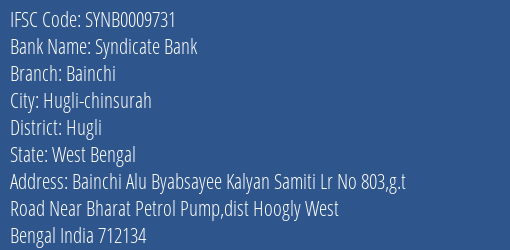 Syndicate Bank Bainchi Branch Hugli IFSC Code SYNB0009731