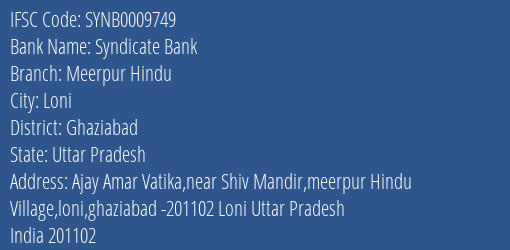 Syndicate Bank Meerpur Hindu Branch Ghaziabad IFSC Code SYNB0009749