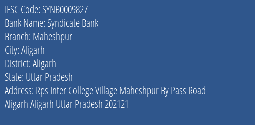 Syndicate Bank Maheshpur Branch Aligarh IFSC Code SYNB0009827