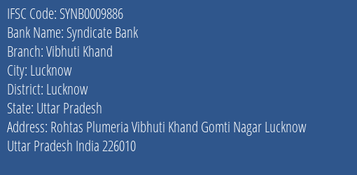Syndicate Bank Vibhuti Khand Branch Lucknow IFSC Code SYNB0009886