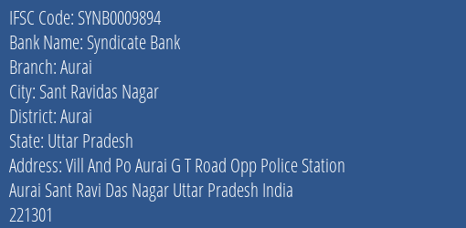 IFSC Code synb0009894 of Syndicate Bank Aurai Branch