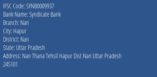 Syndicate Bank Nan Branch, Branch Code 009937 & IFSC Code SYNB0009937