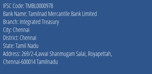 Tamilnad Mercantile Bank Integrated Treasury Branch Chennai IFSC Code TMBL0000978