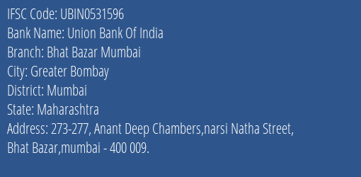 Union Bank Of India Bhat Bazar Mumbai Branch, Branch Code 531596 & IFSC Code UBIN0531596