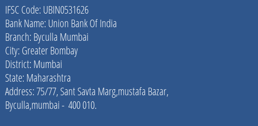 Union Bank Of India Byculla Mumbai Branch Mumbai IFSC Code UBIN0531626