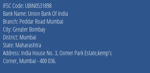 Union Bank Of India Peddar Road Mumbai Branch IFSC Code