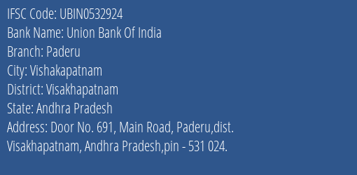 Union Bank Of India Paderu Branch Visakhapatnam IFSC Code UBIN0532924