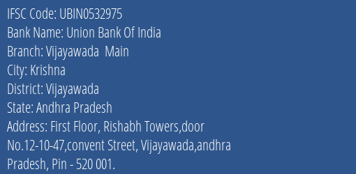 Union Bank Of India Vijayawada Main Branch Vijayawada IFSC Code UBIN0532975
