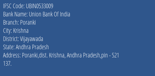 Union Bank Of India Poranki Branch Vijayawada IFSC Code UBIN0533009