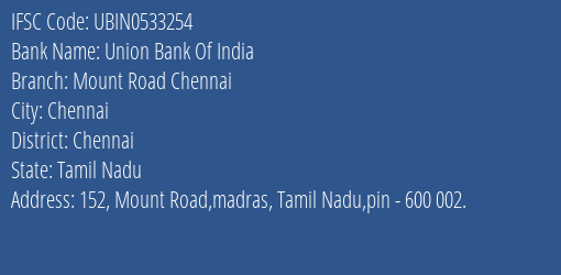 Union Bank Of India Mount Road Chennai Branch, Branch Code 533254 & IFSC Code UBIN0533254
